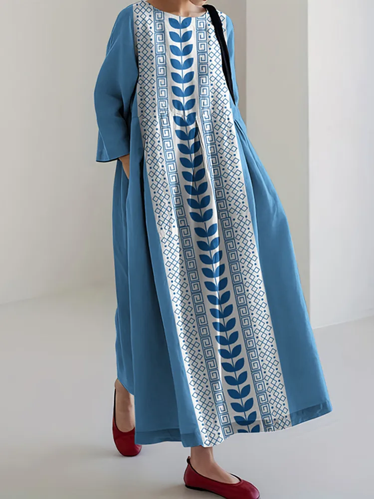 Greek Key And Floral Print Crew Neck Loose Midi Dress