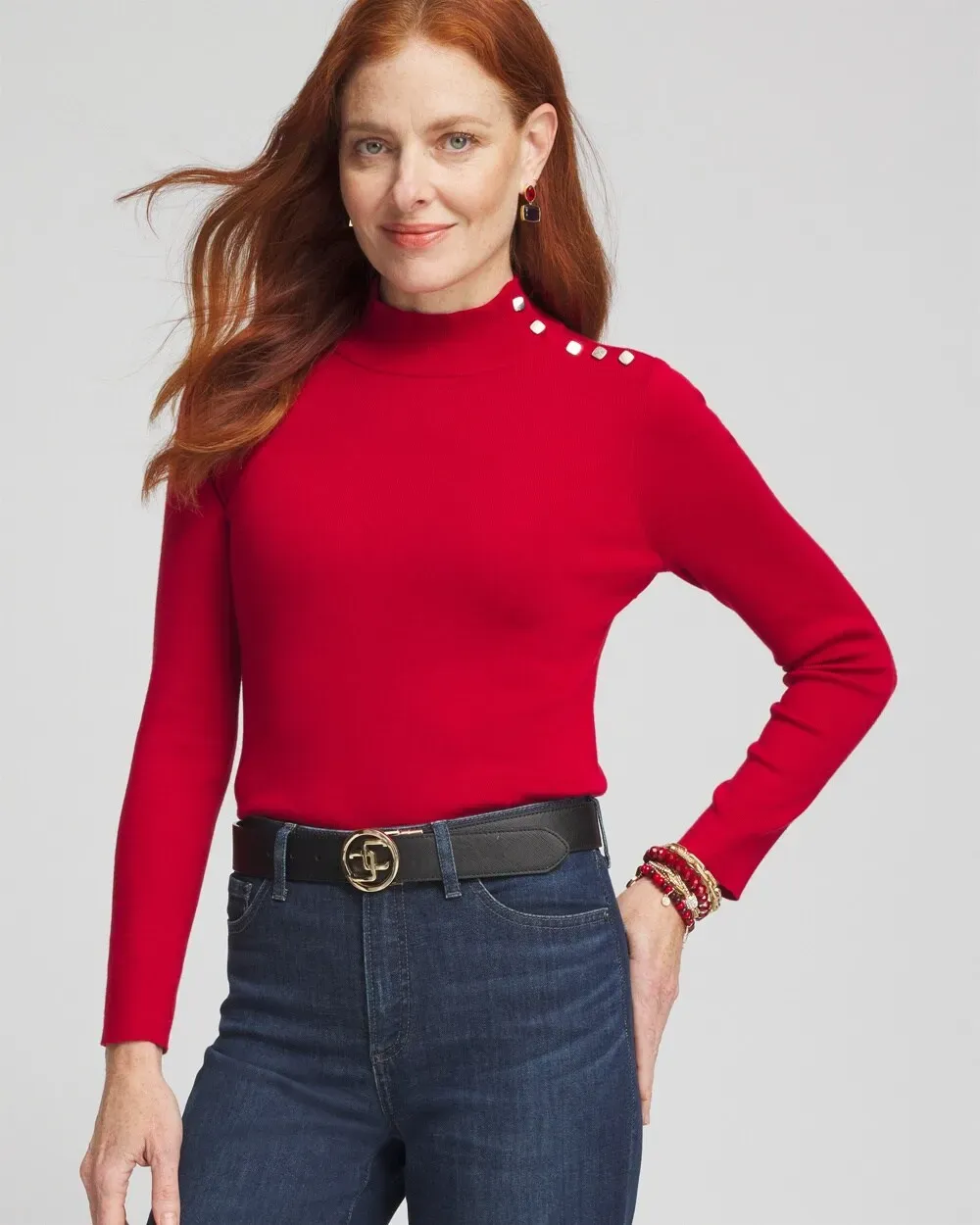 EcoveroTM Button Mock Neck Sweater