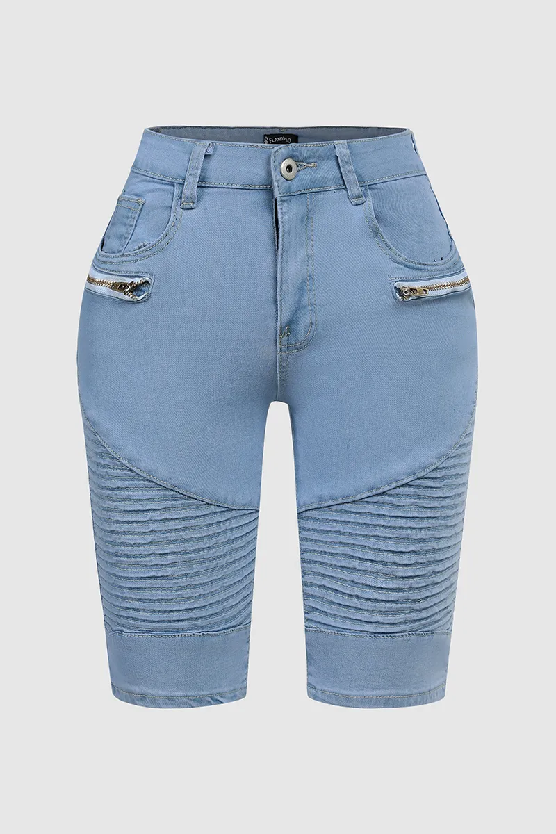Wash Zip Design Mid Waist Denim Bermuda Shorts