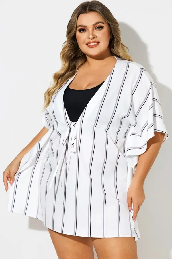 V-Neck Loose Retro Striped Drawstring Cover Up