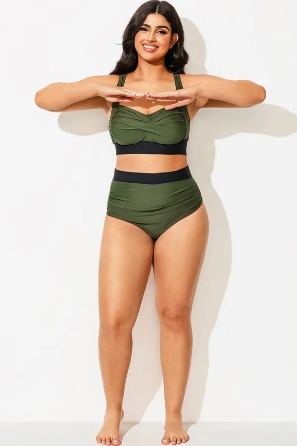 Patchwork Colorblock Gathered High Rise Swim Bottom