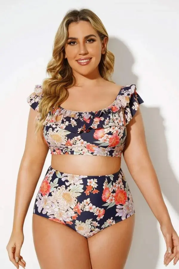 Flower Print Ruffle Bikini with High Waist Bottom