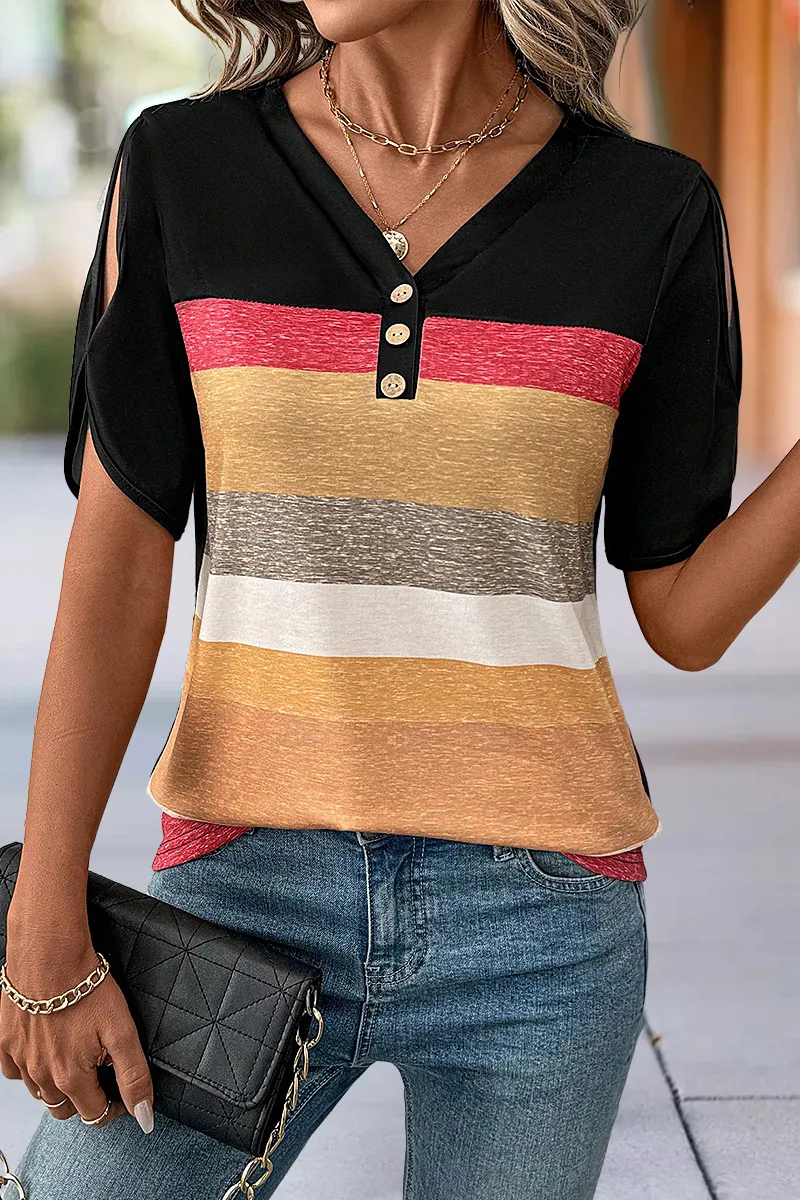 Colorblock Button Front Hollow Out Short Sleeve V Neck T-Shirt