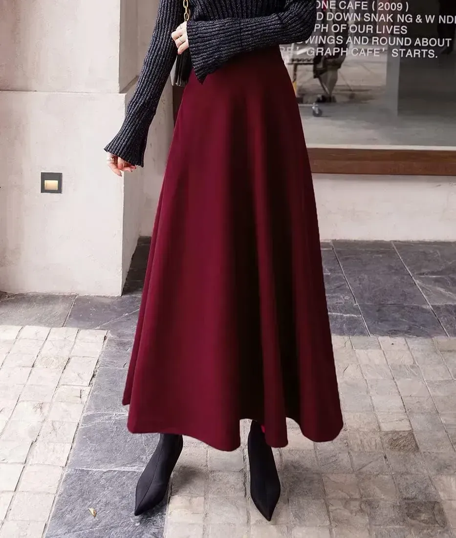 Women's Winter Elegant Warm Long Skirt Wool Maxi Skirts Elastic Waist A-Line High Waist Plaid Pleated Skirt S-3XL