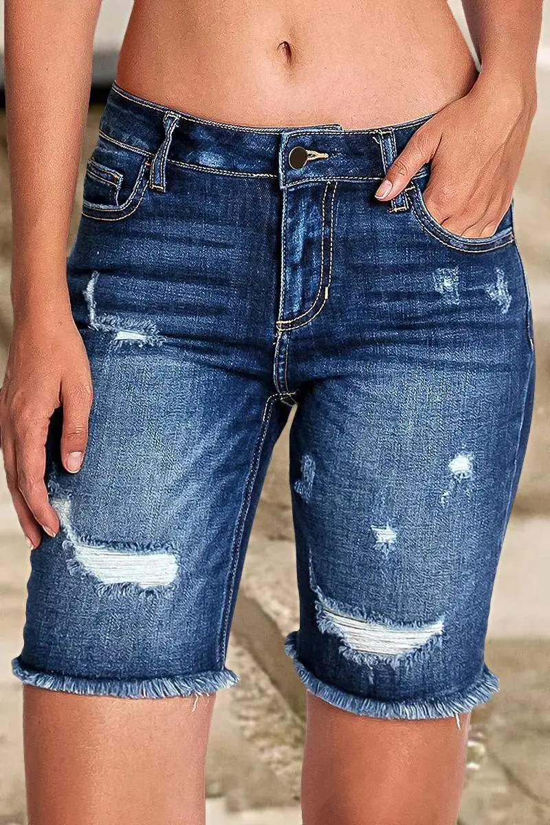 Ripped Raw Hem Mid Waist Denim Mid Thigh Shorts