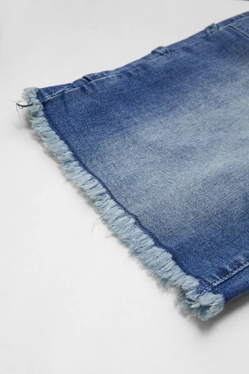 Wash Raw Hem High Waist Denim Bermuda Shorts