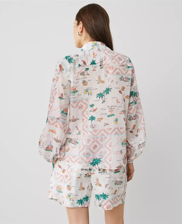 Map Print Blouson Sleeve Blouse