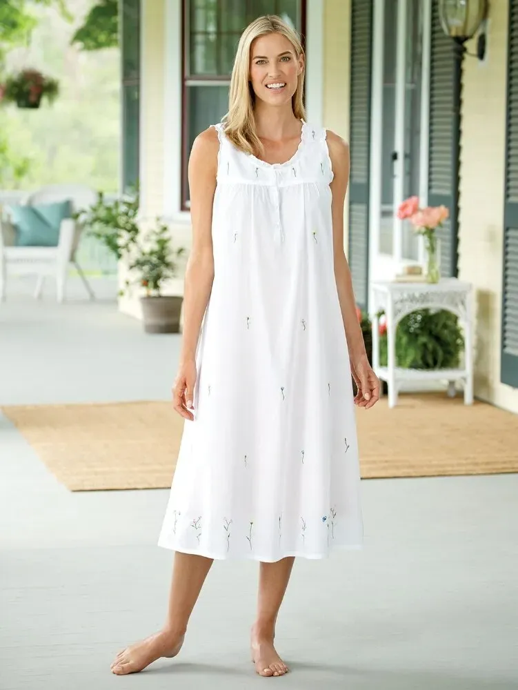 Embroidered Flowers Cotton Nightgown