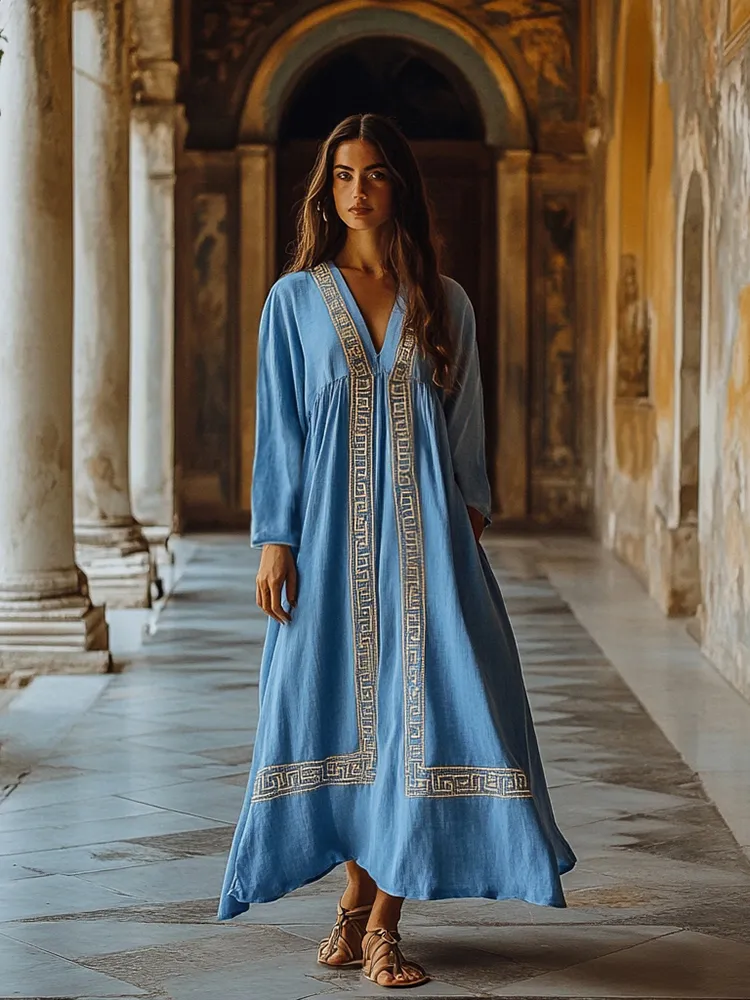 Greek Key Print V-neck Loose Midi Dress