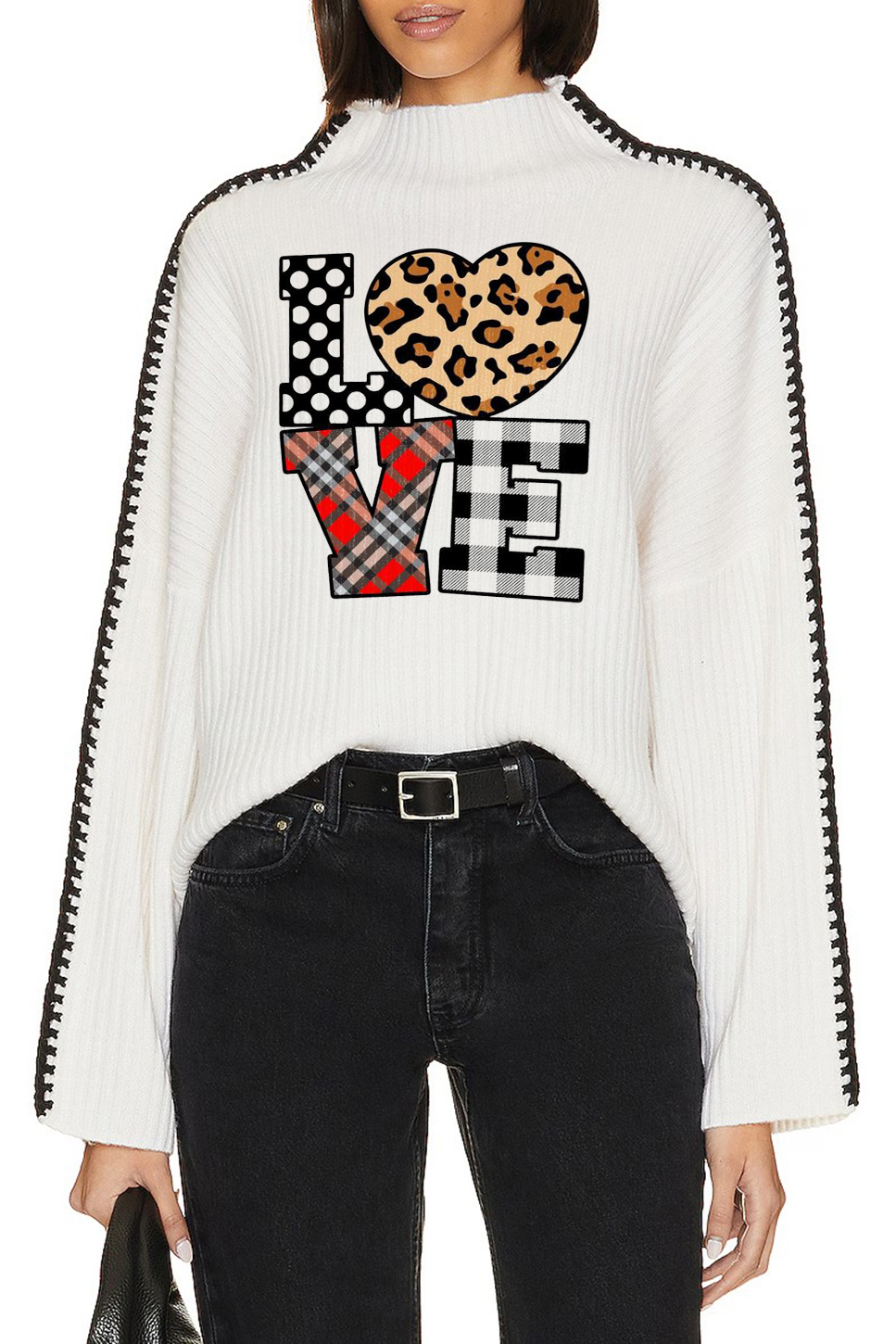 Patchwork Print Mock Neck Sweater