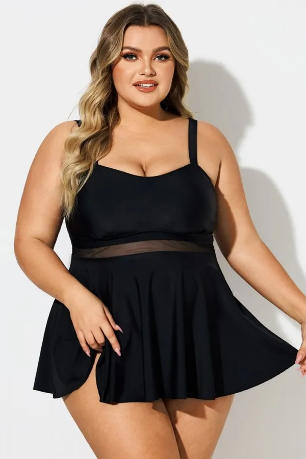 Plus Size Black Contrast Mesh Sweetheart Neck Swimdress