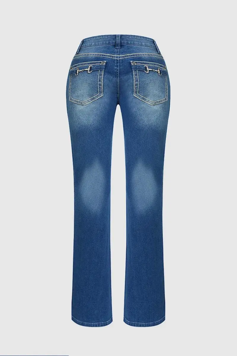 Wash Metal Decor Stitch Detail Mid Rise Bootcut Jeans Without Belt