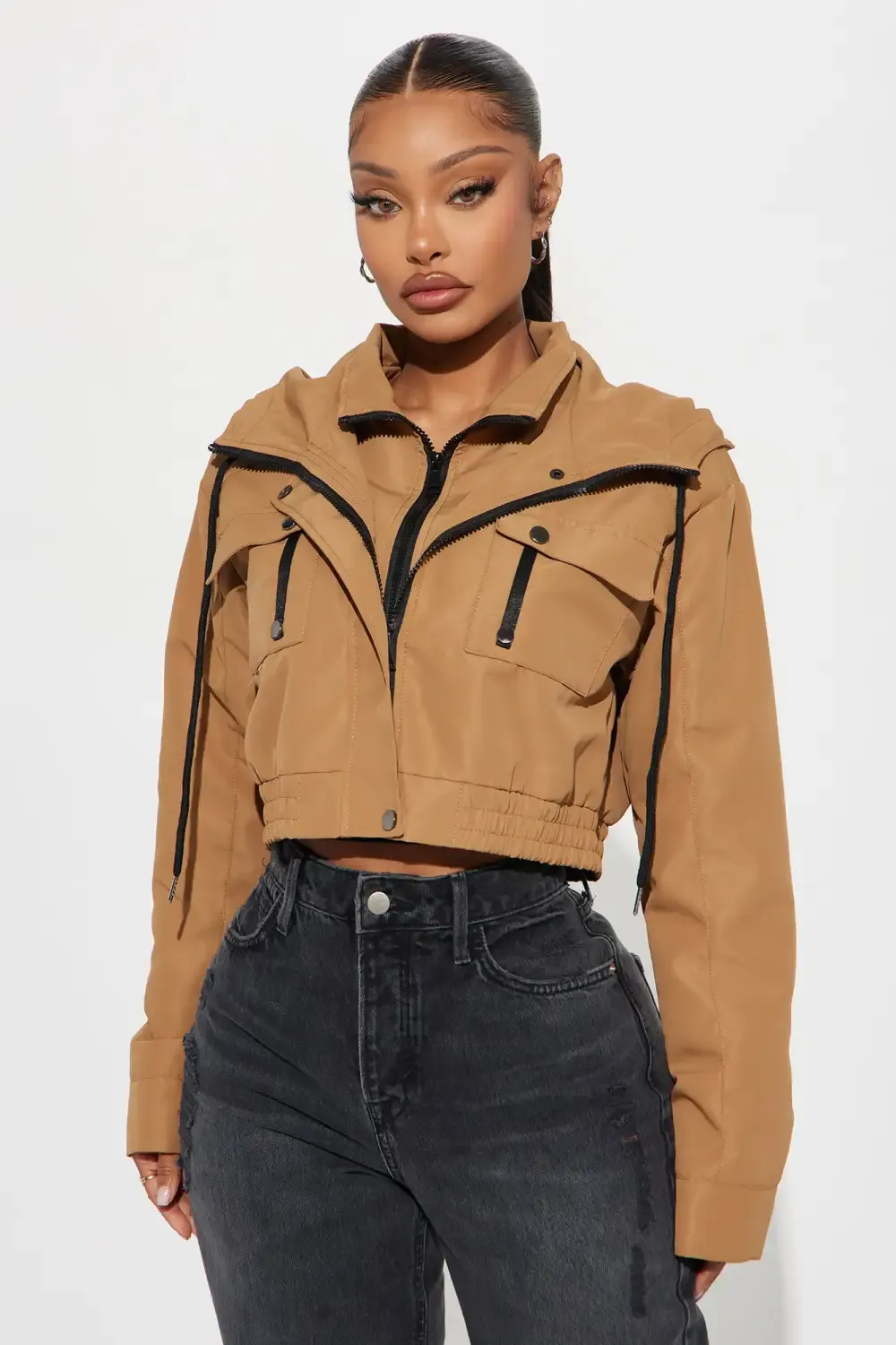 Kelsie Hooded Cropped Jacket - Khaki