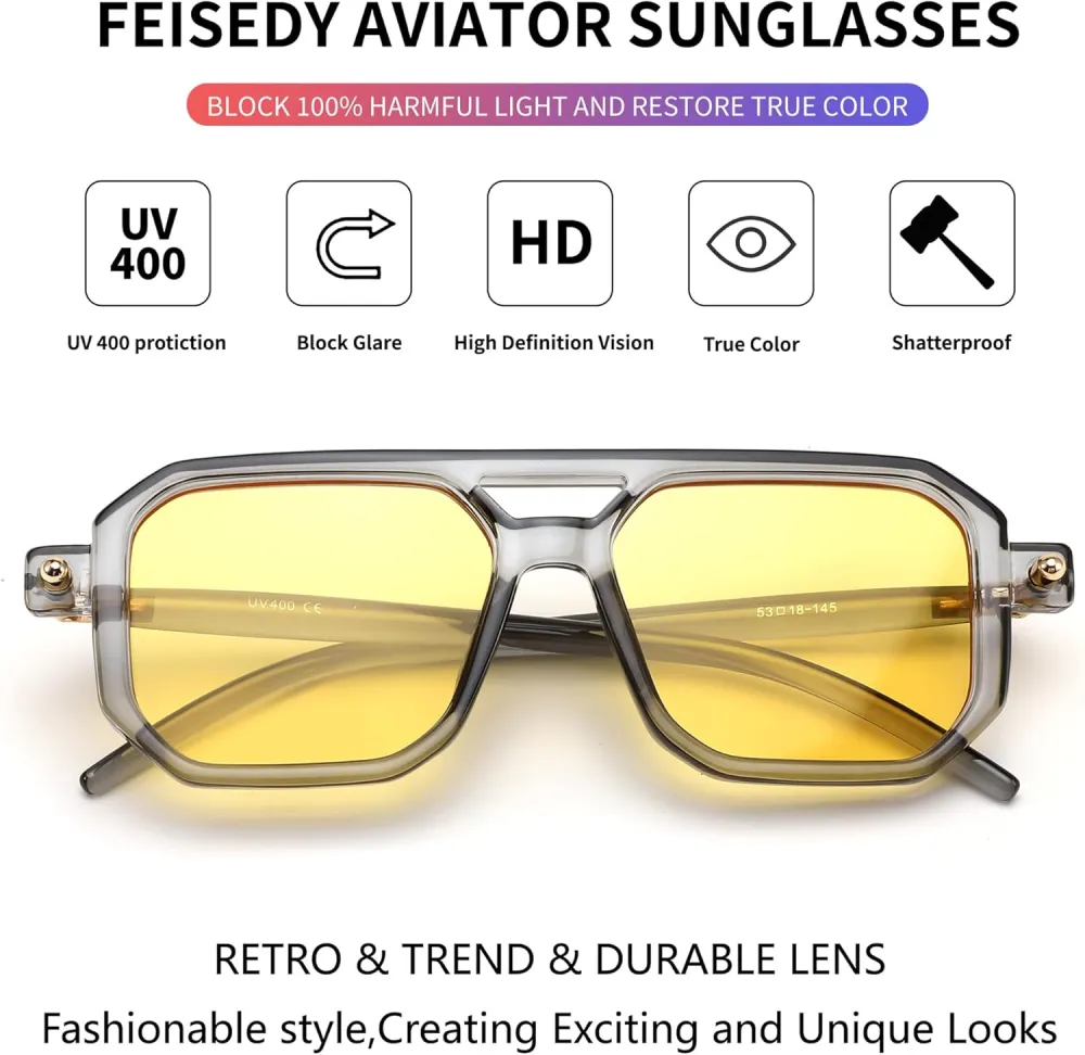 FEISEDY Vintage Square 70s Flat Aviator Sunglasses Women Men Classic Retro Stylish Frame UV400 Sunglasses B2622