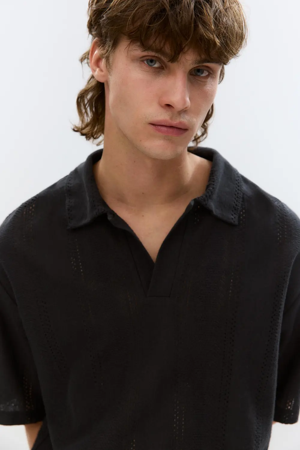Rustic open-knit polo shirt