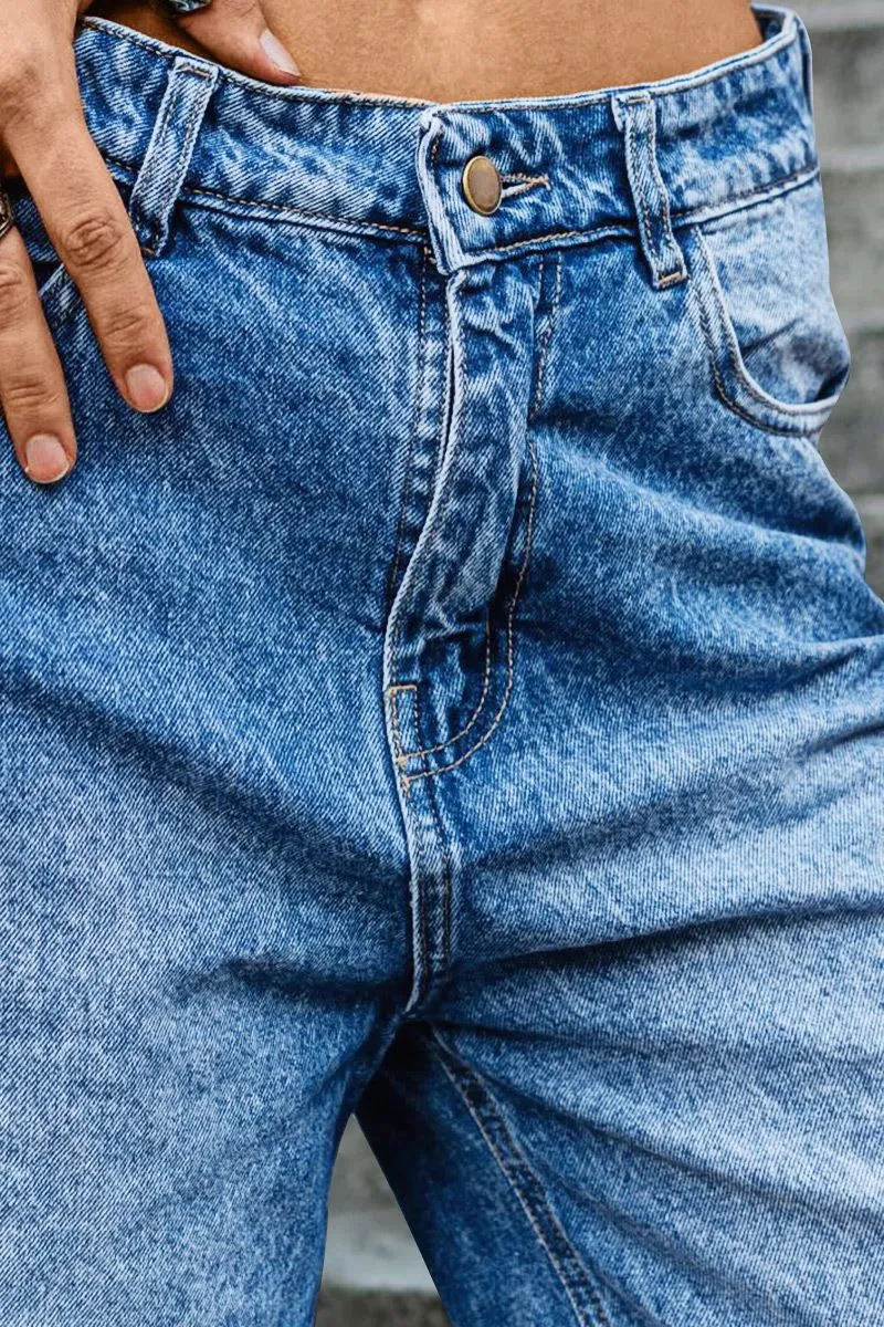 Wash Mid Rise Wide Leg Denim Bermuda Shorts