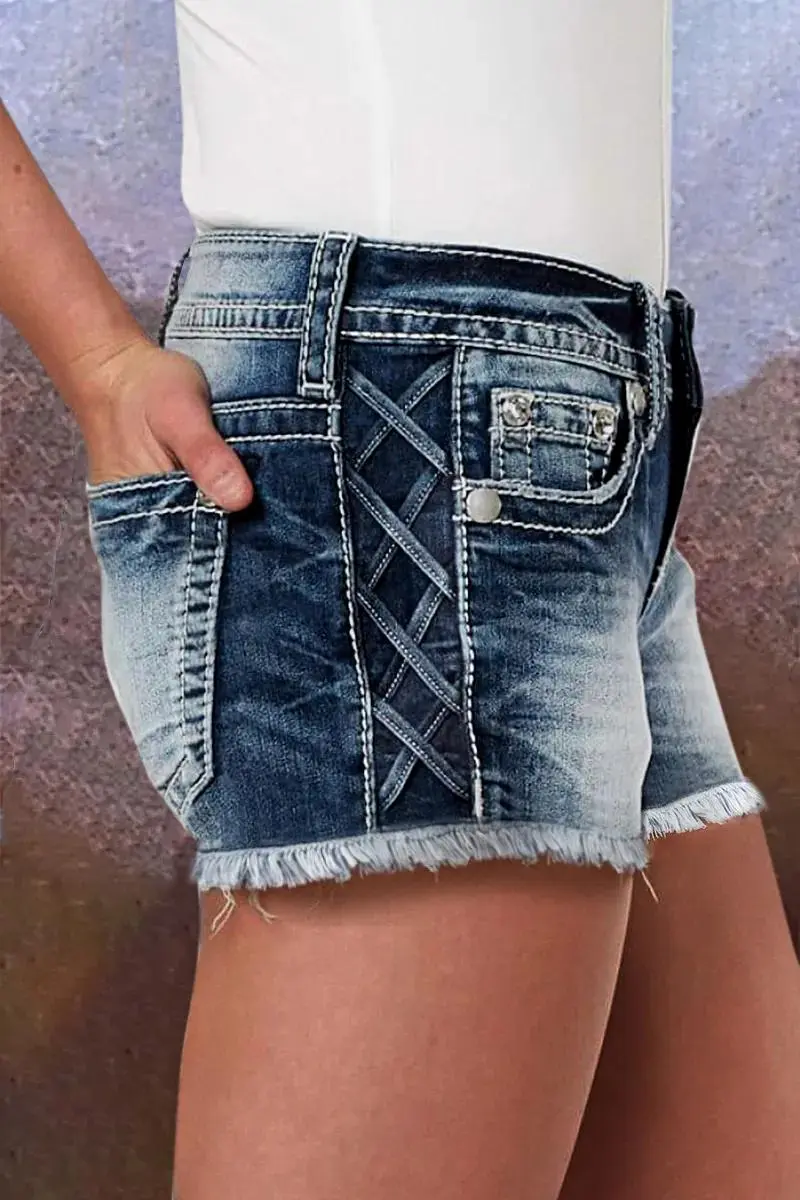 Criss Cross Raw Hem Low Waist Denim Shorts