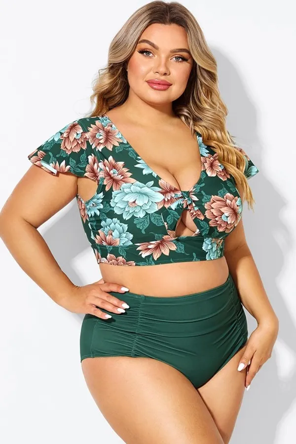 Red Geometric Interwoven Print Bikini Top