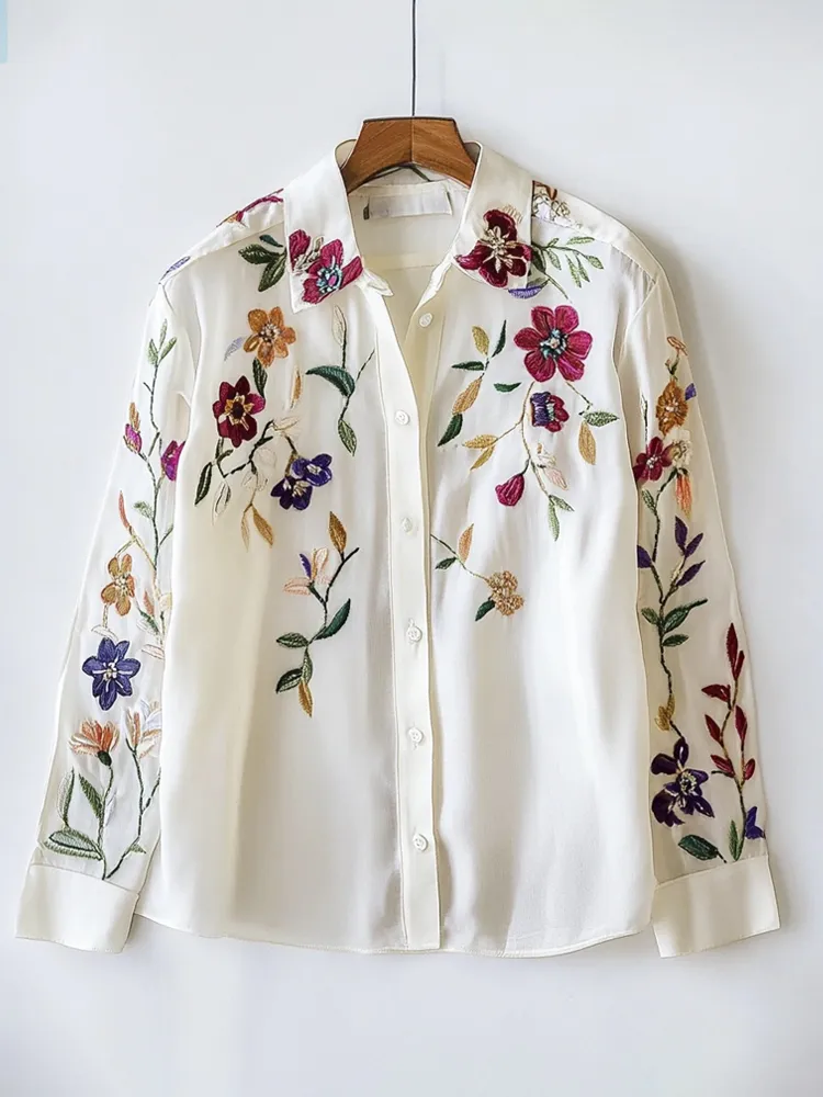 Floral Embroidery Women's Long Sleeve Shirt