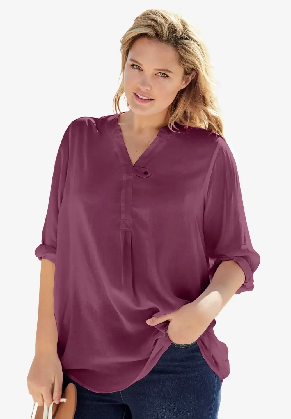 Rayon 7-Day Three-Quarter Sleeve Tab-Front Tunic