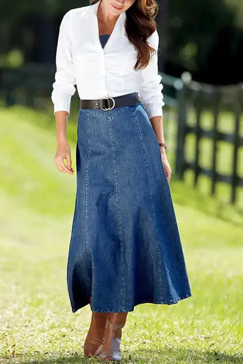 Wash Stitch Detail High Rise Long Denim Skirt Without Belt