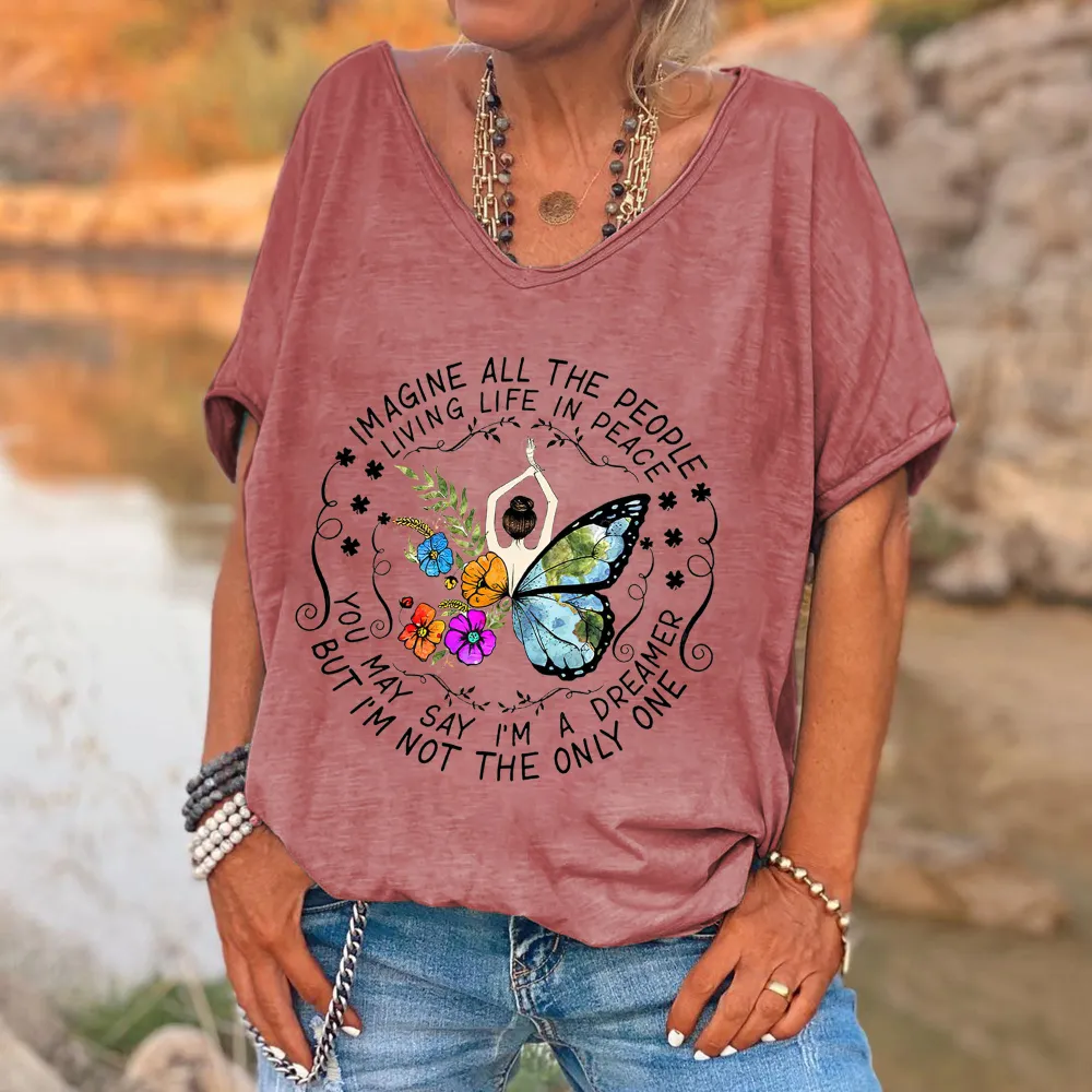 Imagine All The People Living Life In Peace Printed Women's T-shirt