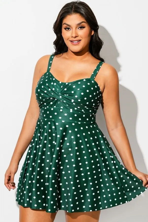 Green Polka Dot Crossover Flutter Hem Swimdress