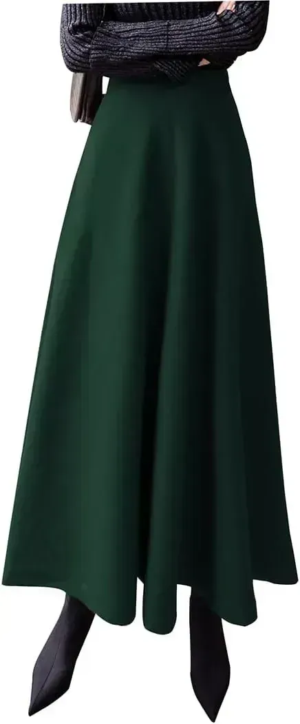 Women's Winter Elegant Warm Long Skirt Wool Maxi Skirts Elastic Waist A-Line High Waist Plaid Pleated Skirt S-3XL
