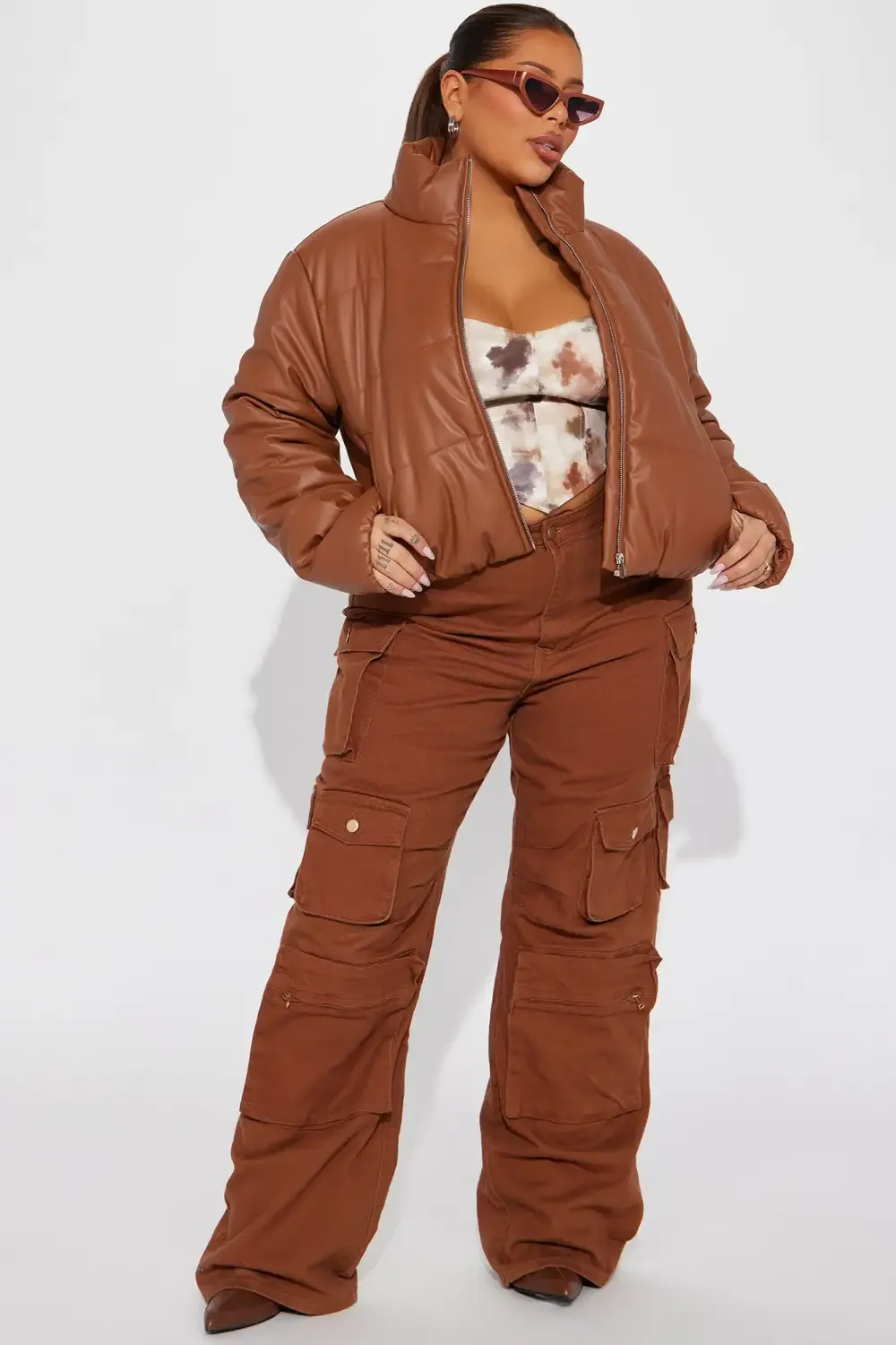 Vixen Faux Leather Puffer Jacket - Cognac