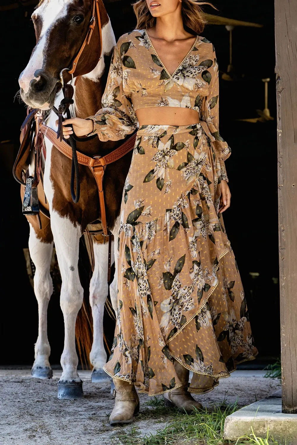 Tan And Brown Botanical Print Maxi Skirt