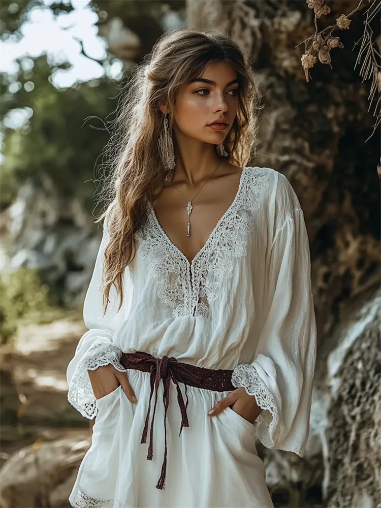 Vintage Boho Floral Lace Hem Flowy Linen Dress
