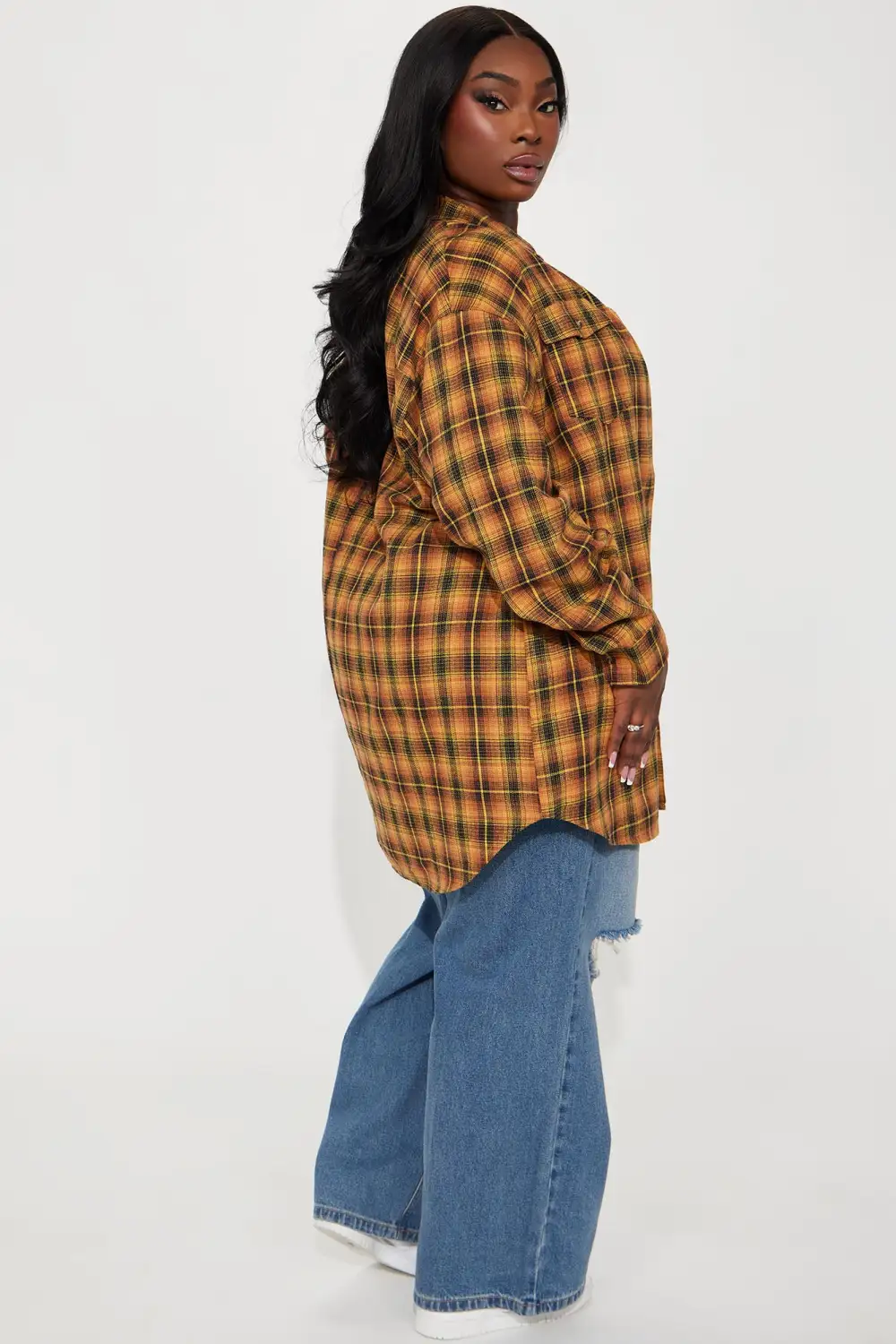 Pretty in Plaid Oversized Flannel Top - Mustard/combo
