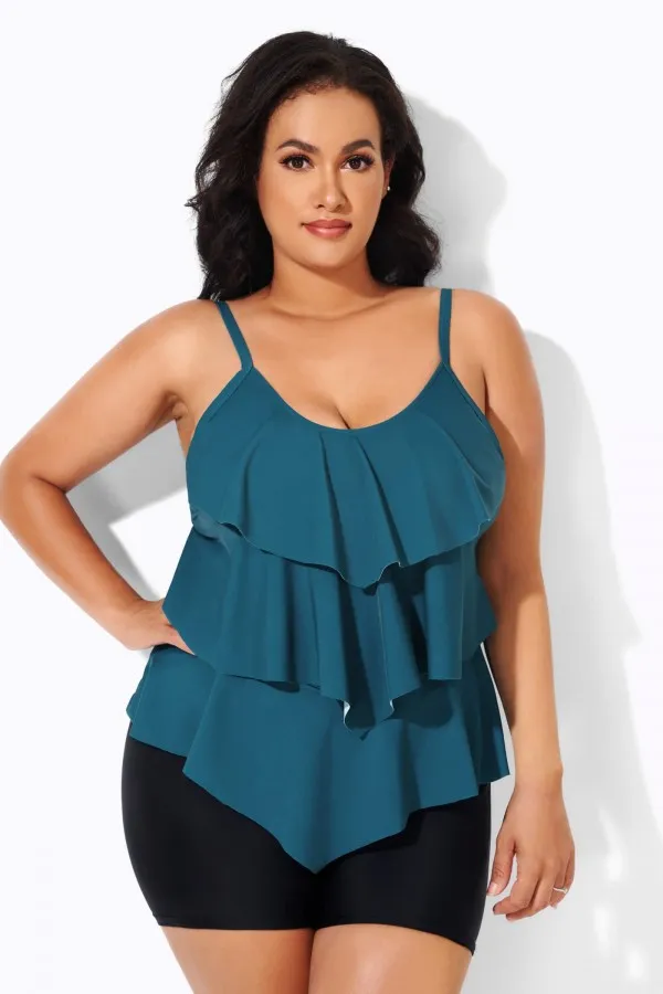 Plus Size Colorblock V-Neck Ruffle Women Tankini Top