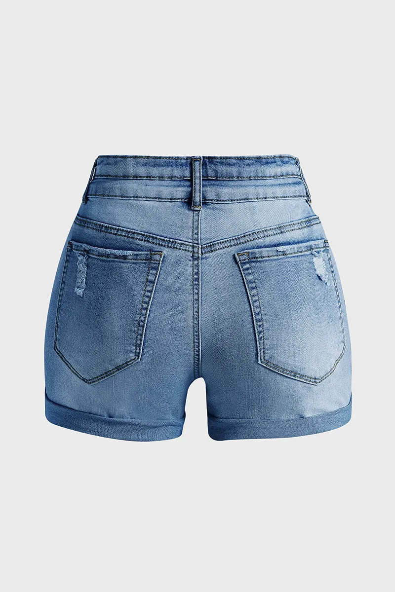 Wash Ripped Roll Hem High Rise Denim Shorts