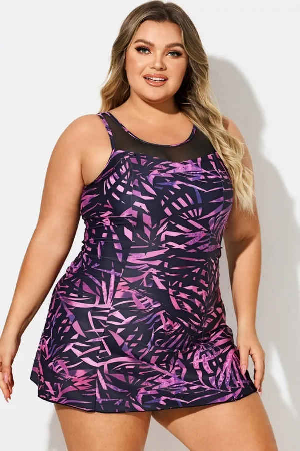 Multi Abstract Print Mesh High Neck Swimdress