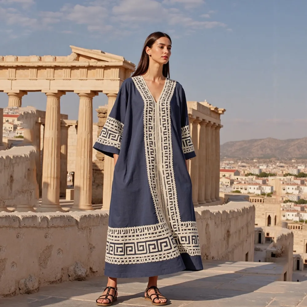 Lace Greek Key V Neck Loose Linen Blend Midi Dress