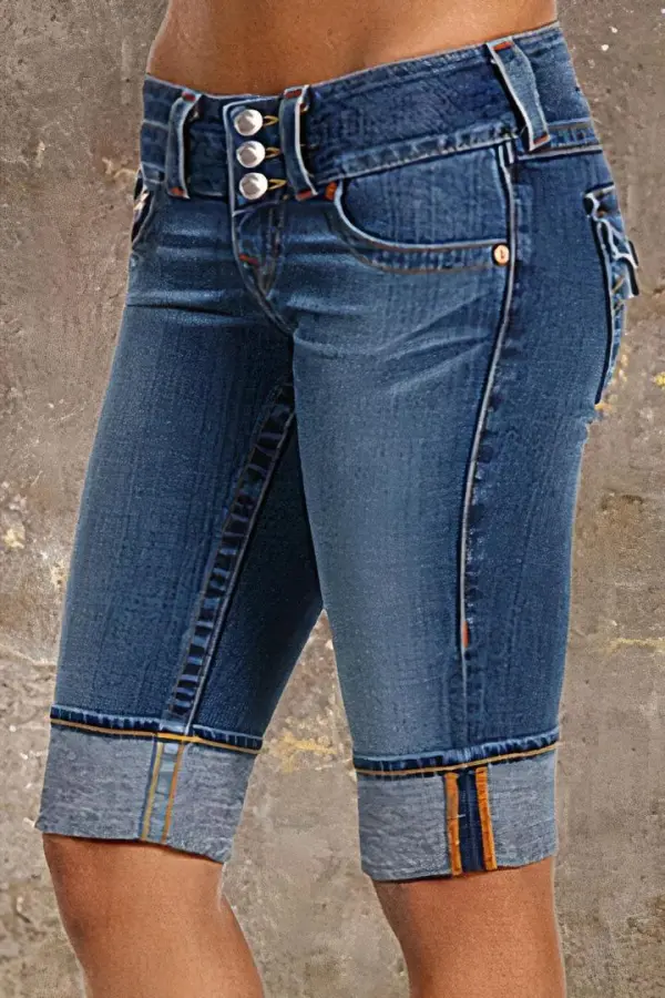 Button Up Flap Pocket Roll Hem Low Rise Denim Bermuda Shorts