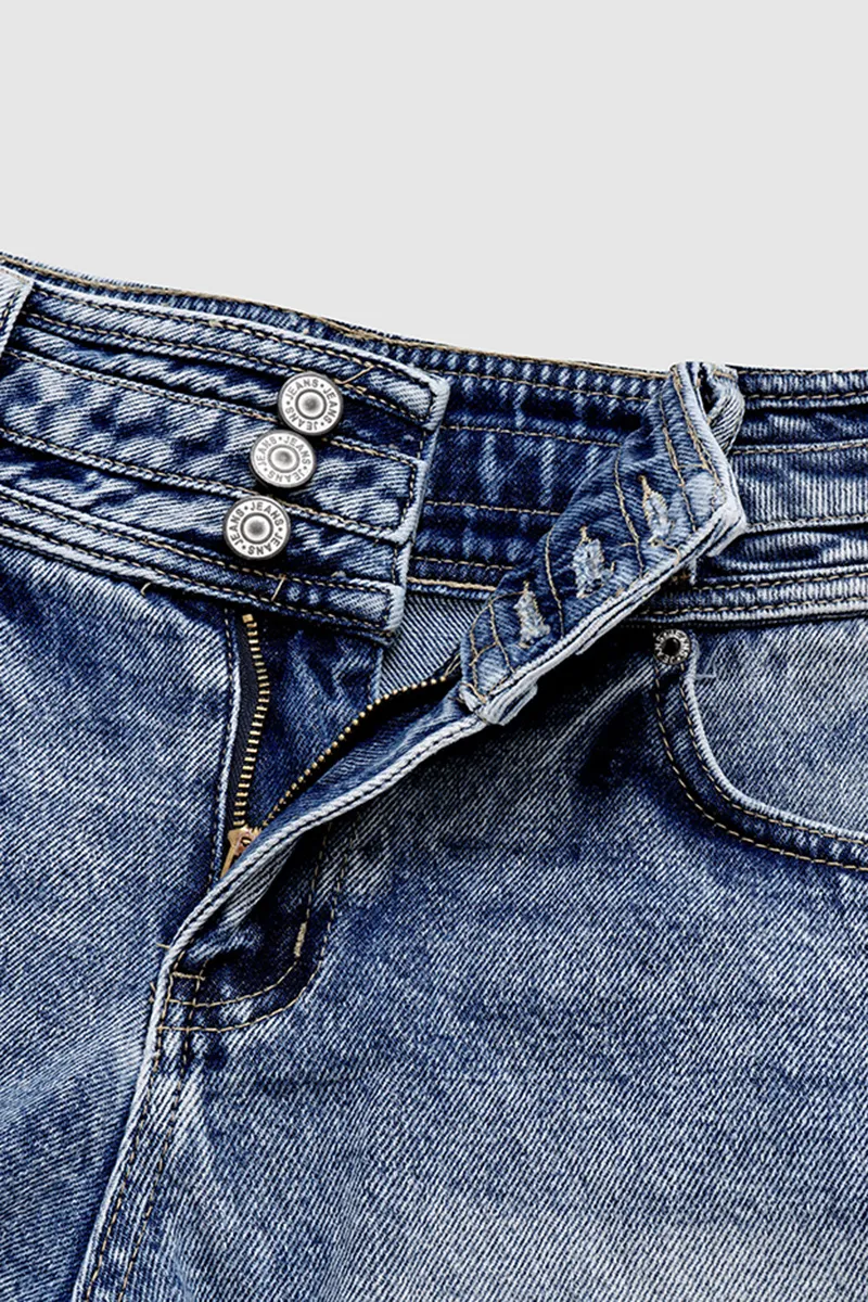 Wash Button Fly Raw Hem Mid Rise Denim Shorts