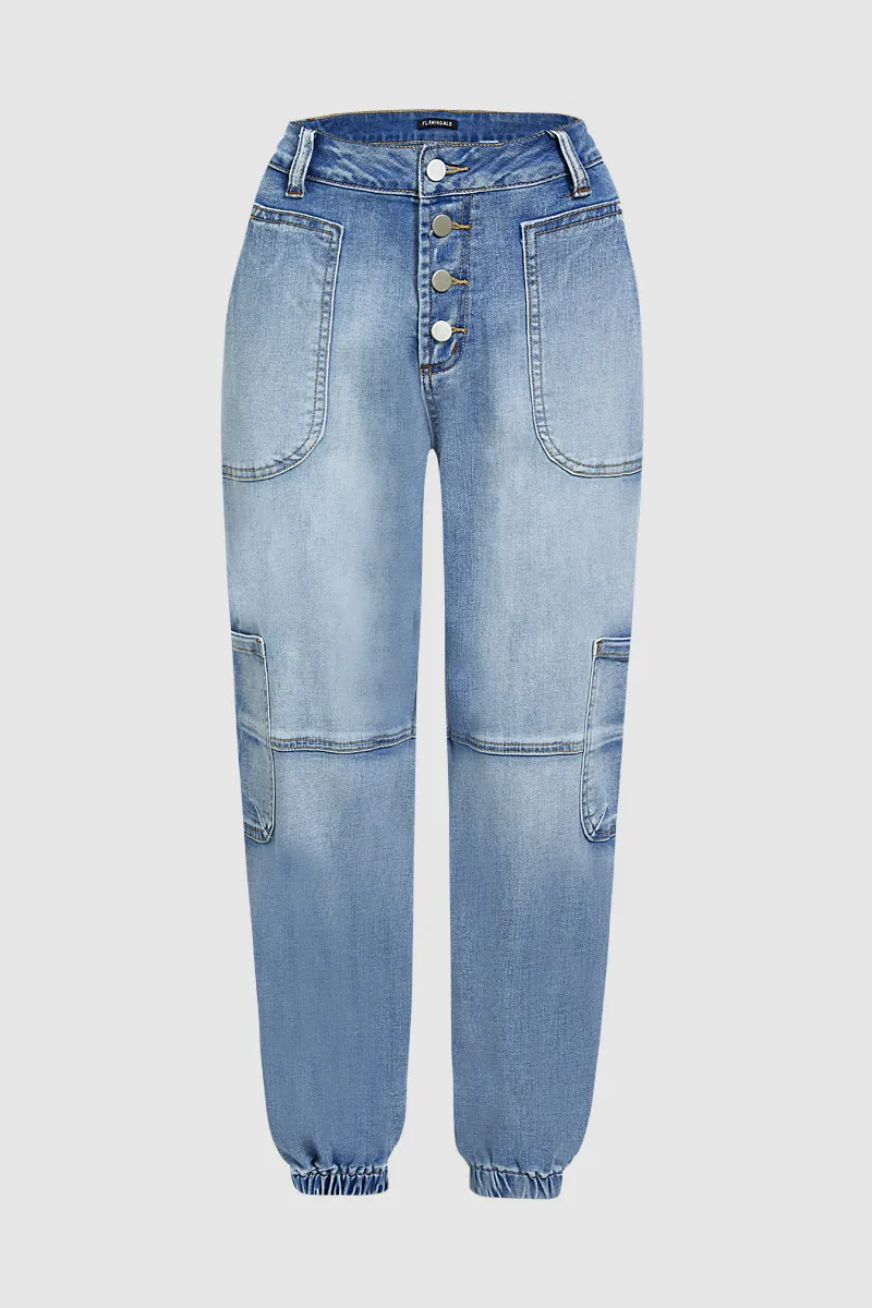 Multi Pocket Button Fly Mid Rise Straight Leg Jeans Without Belt