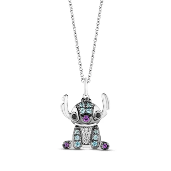 Disney Treasures Lilo & Stitch London Blue Topaz, Amethyst & Diamond Necklace 1/20 ct tw Sterling Silver 17