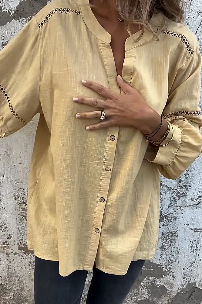Women's solid color cotton and linen hollow out shirt
