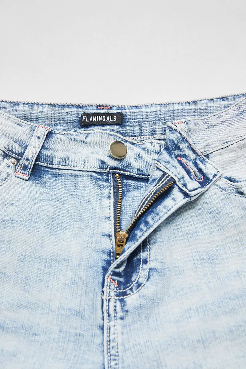 Washed Flap Pocket Mid Rise Denim Bermuda Shorts