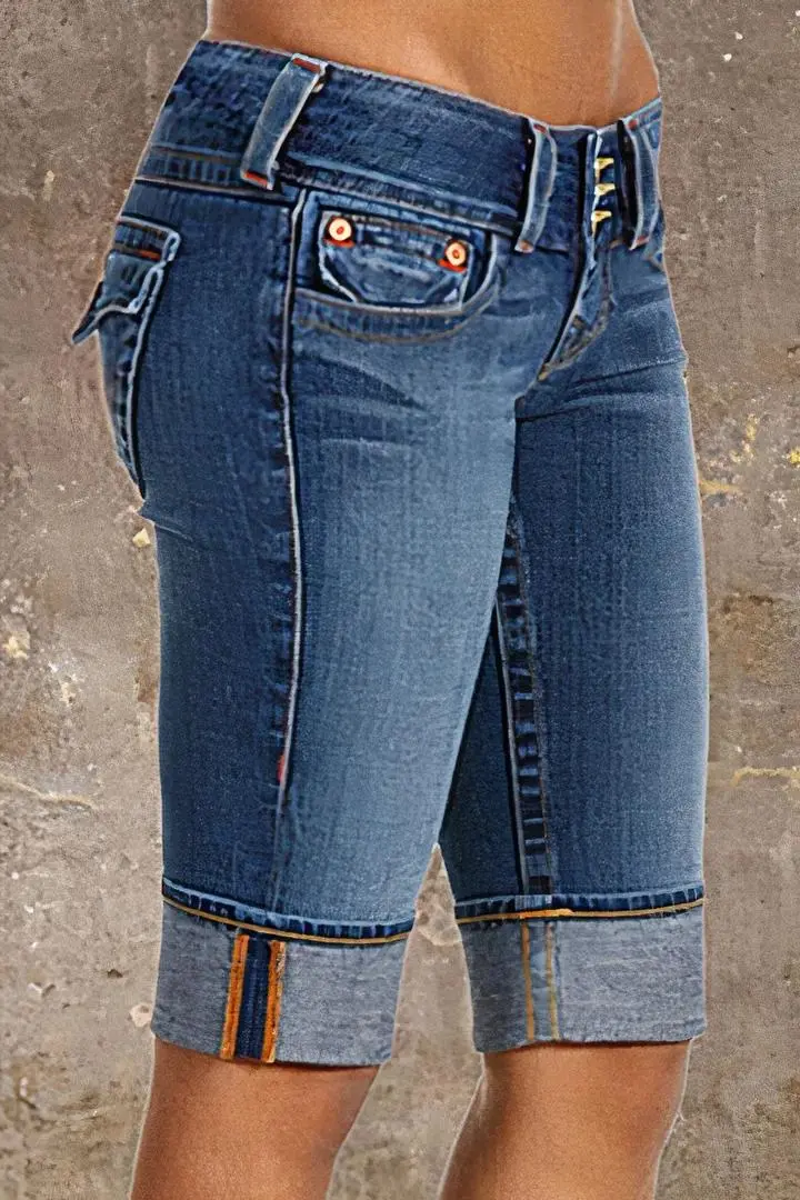 Button Up Flap Pocket Roll Hem Low Rise Denim Bermuda Shorts