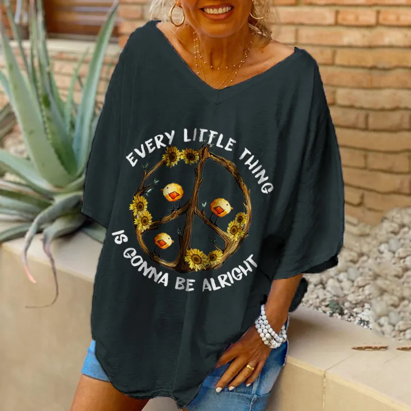 Every Little Thing Is Gonna Be Alright Printed Hippie V-neck Blouse Oversized