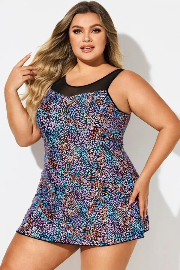 Multi Abstract Print Mesh High Neck Swimdress