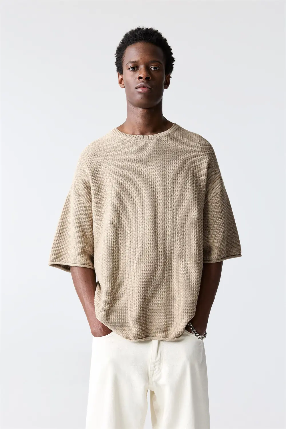 Waffle-knit boxy-fit T-shirt