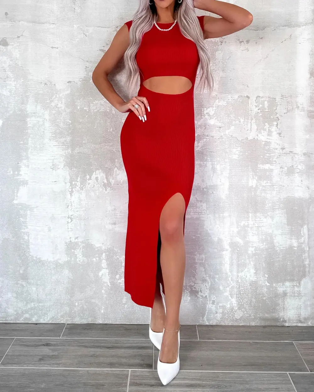 Cutout Slit Dress - Red