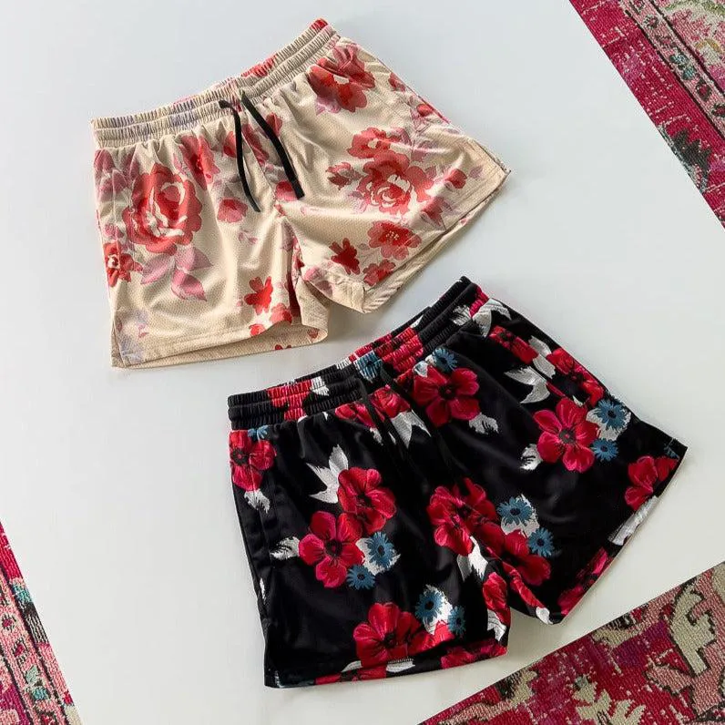 MUAY THAI SHORTS (MID THIGH CUT) FLORAL - CREAM