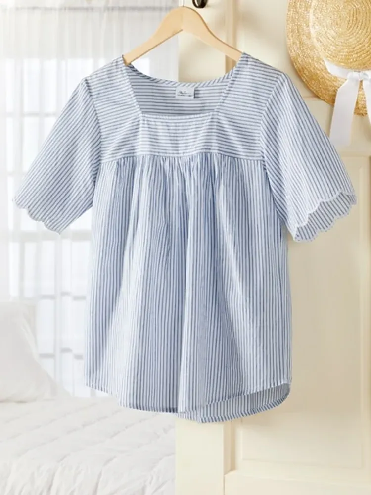 Striped Top With Scalloped Trim