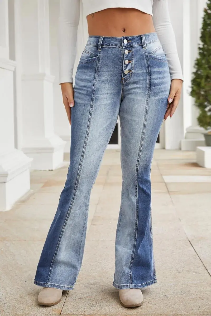 Cut & Sew Button Fly Mid Waist Flare Jeans